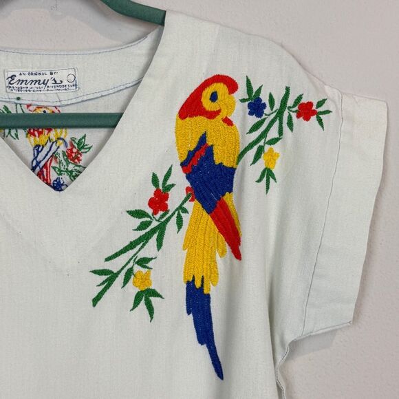 Vintage Embroidered Parrot 50s Single-Stitch V-neck Shirt M - Picture 3 of 12